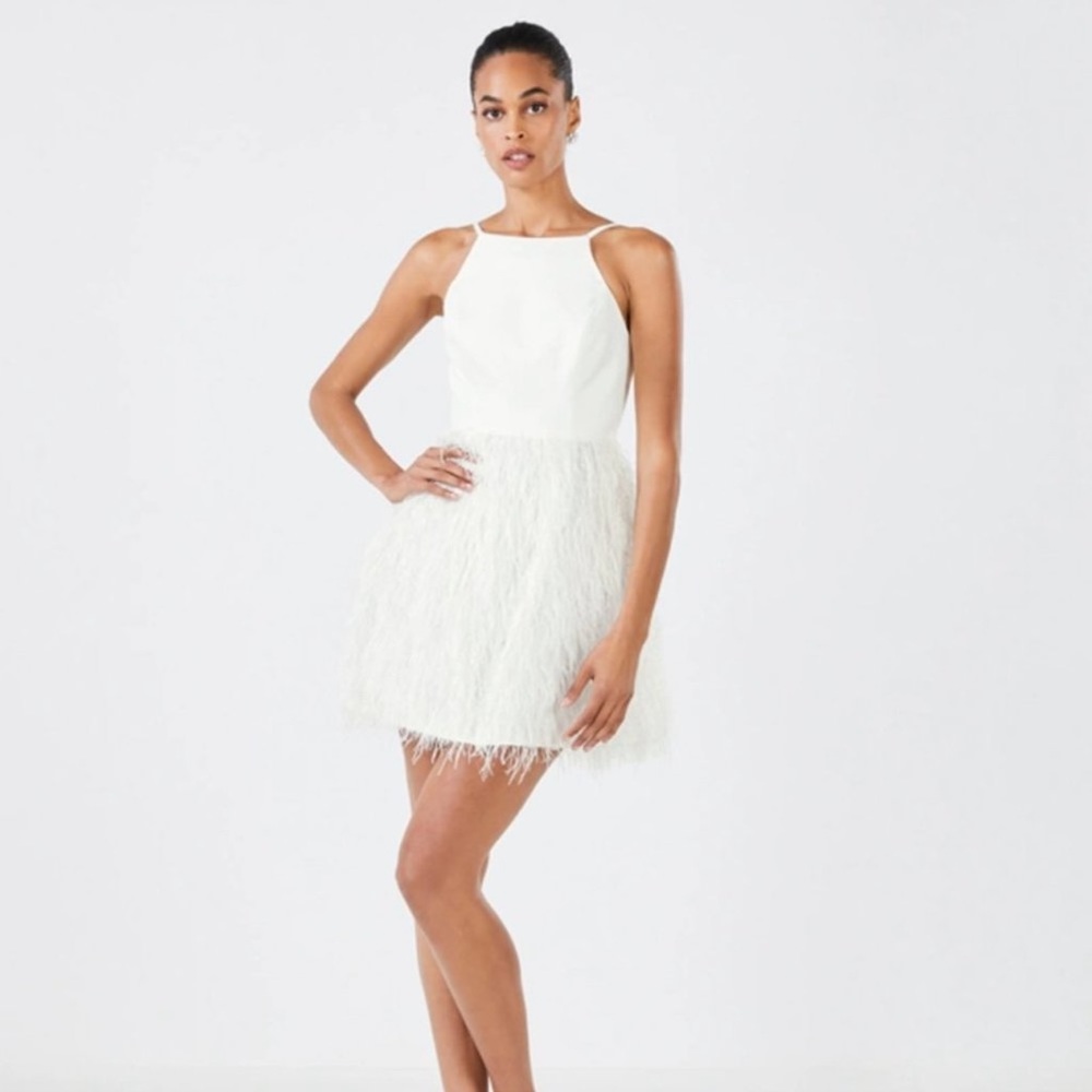 BCBGMAXAZRIA FEATHER SKIRT MINI DRESS IN WHITE